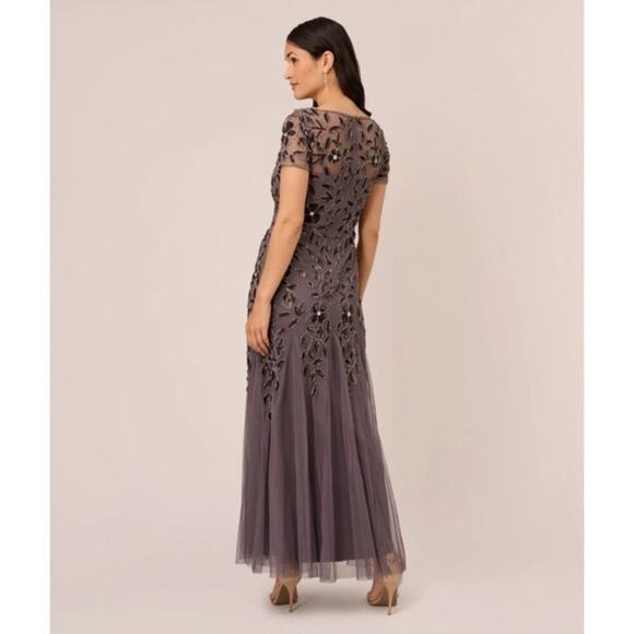 Adrianna Papell Hand Beaded Short Sleeve Floral Godet Gown in Moonscape Dress 0 - Picture 2 of 12